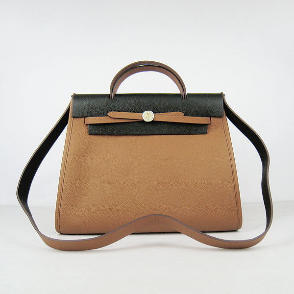 7A Replica Hermes Light Coffee/Black Kelly 32cm Togo Leather Bag 60667 - Click Image to Close